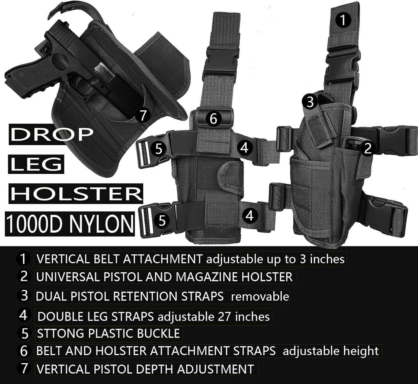 Molle Tactical Pistol Thigh Gun Holster, Drop Leg Holster, Right Hand Adjustable