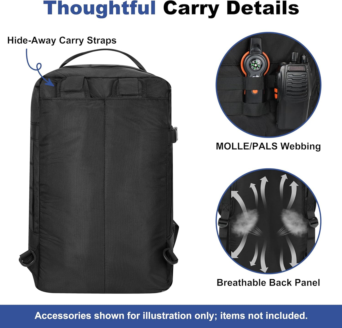 40L Tactical Backpack for Men 3 in 1 Gym Bag Tactical with MOLLE System Waterproof 600D Black Backpack for Travel,Outdoor Sports,Camping,and Weekend Trips