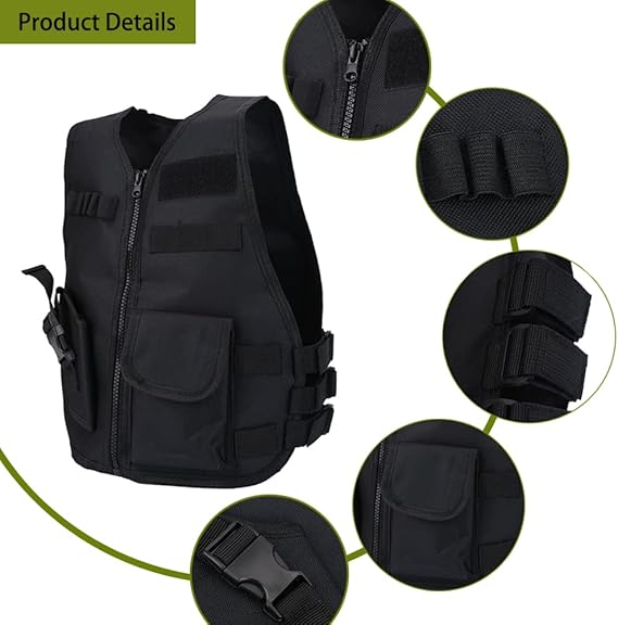 Chaleco táctico para niños, ajustable, de nailon, de 45 cm, con múltiples bolsillos para jugar al aire libre. 