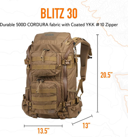 Blitz 30 Backpack – Tactical Daypack with Waistbelt & Padded Laptop Sleeve – Coyote, 30L, L/XL