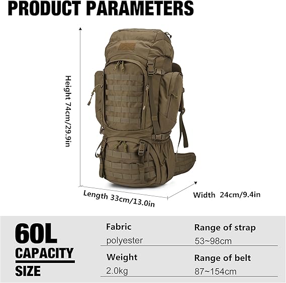 60L Military Internal Frame Backpack for Hiking,Camping,Hunting,Rucksack Backpack with Rain Cover