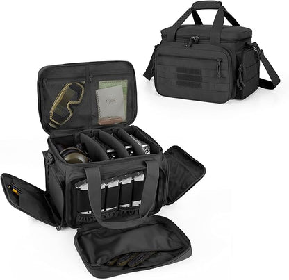 Bolsa táctica para 4 pistolas, bolsa para tiro con pistola, con 6 ranuras para cargadores y bolsillos adicionales para munición y artículos esenciales. 