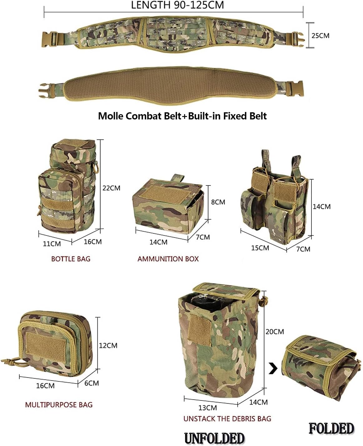 Cinturón táctico de combate militar Molle, cinturón de servicio de guerra, aplicación de la ley para policía y ejército, juego 7 en 1 