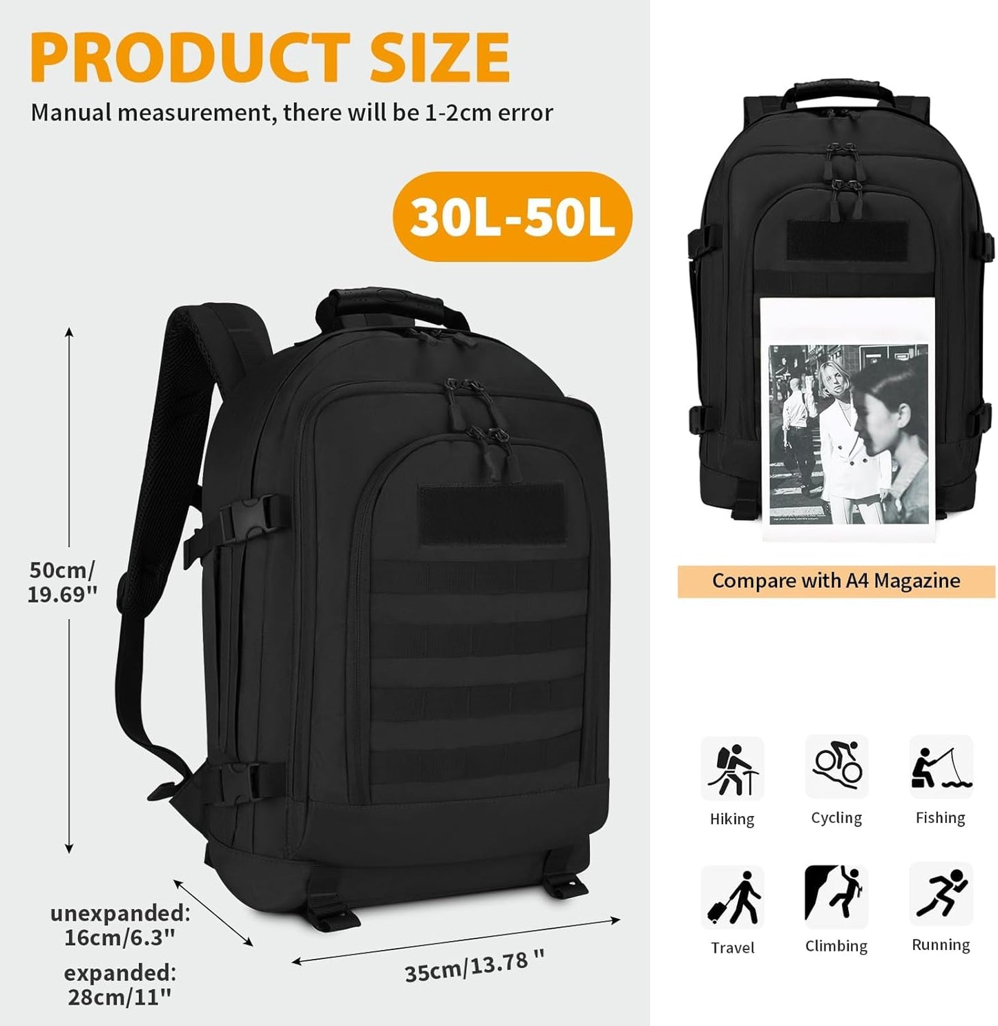 Mochila táctica militar de 45 l, expandible, con sistema MOLLE, para caza, asalto y ejército (negra). 