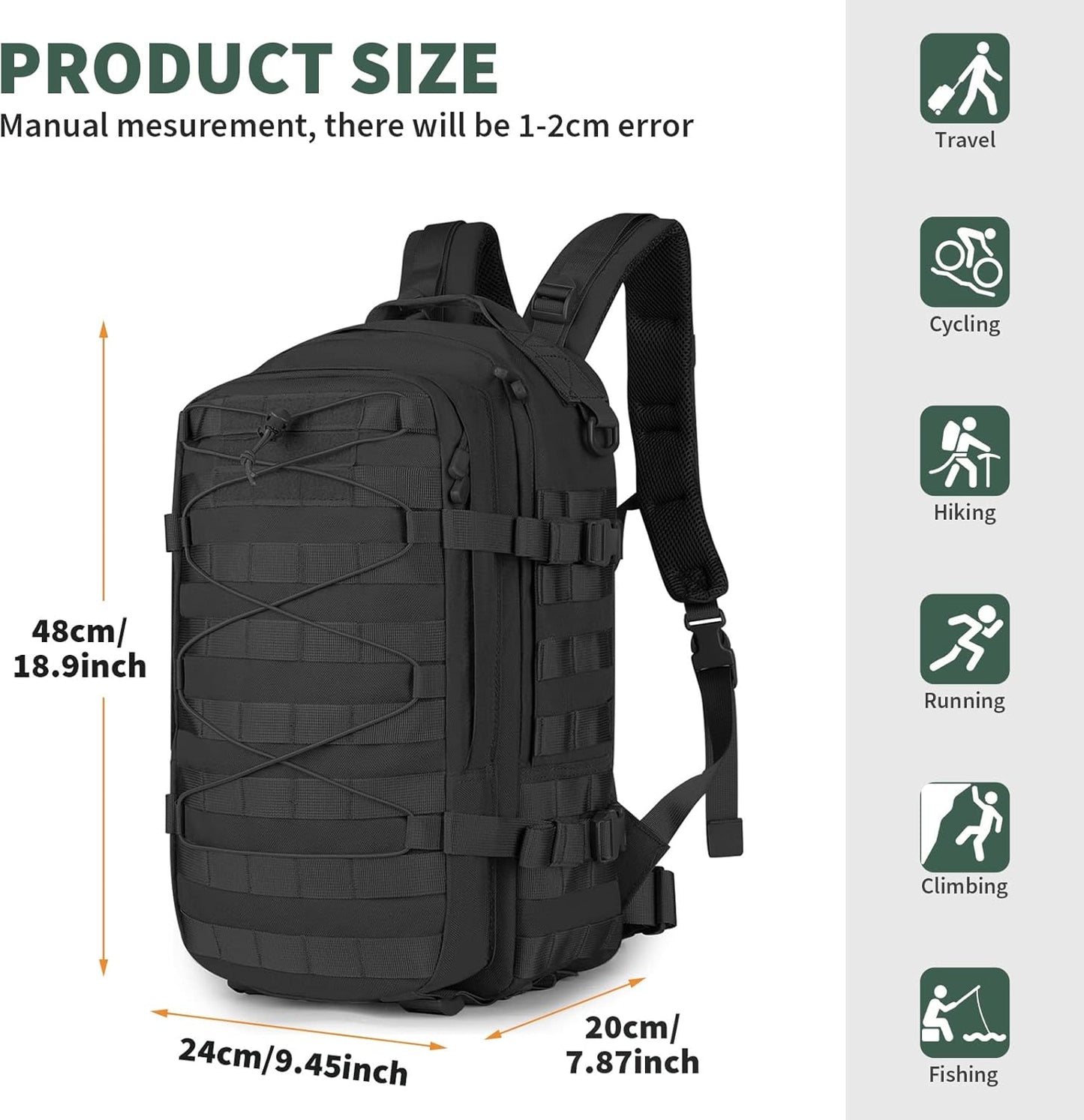 Military Tactical Backpack 25L MOLLE Hiking Daypack Trekking Rucksack Bug Out Bag for Daily Outdoor Sports(Black-25L)