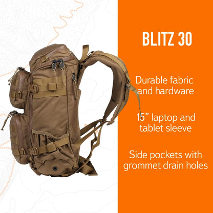 Blitz 30 Backpack – Tactical Daypack with Waistbelt & Padded Laptop Sleeve – Coyote, 30L, L/XL