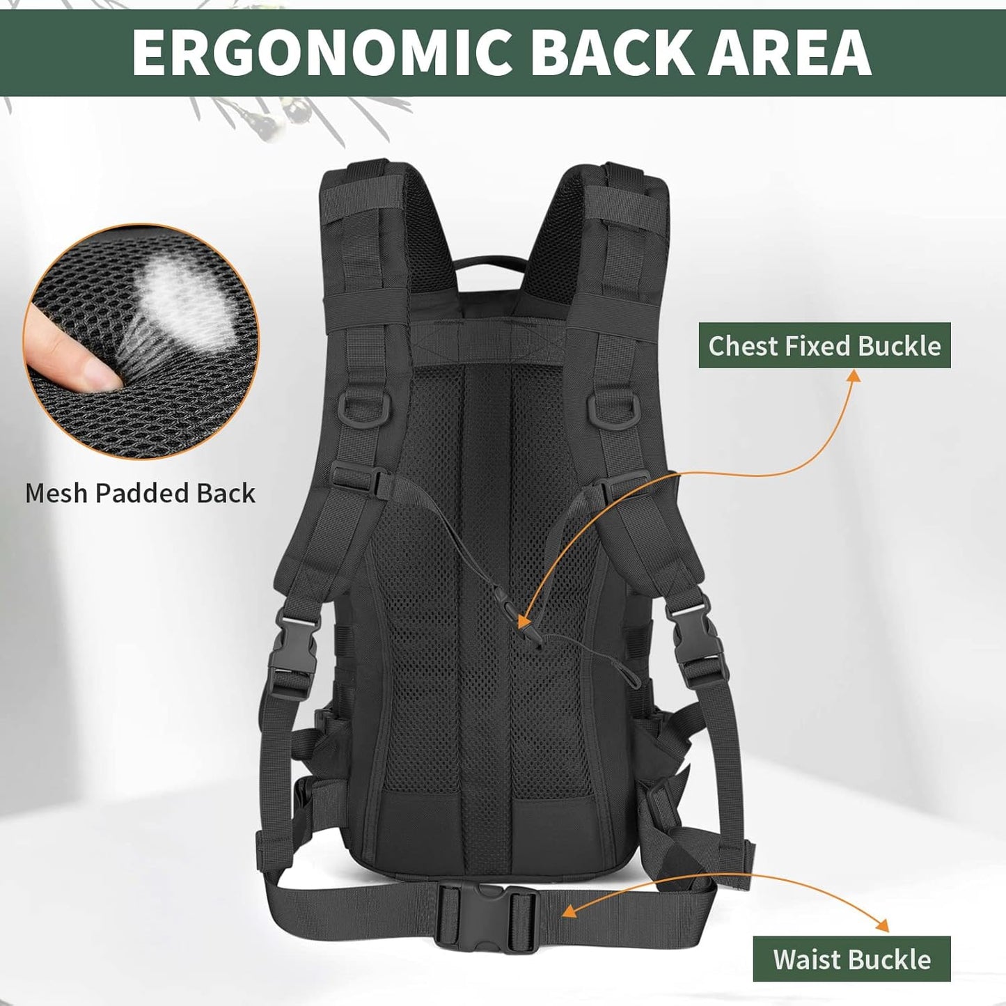 Military Tactical Backpack 25L MOLLE Hiking Daypack Trekking Rucksack Bug Out Bag for Daily Outdoor Sports(Black-25L)