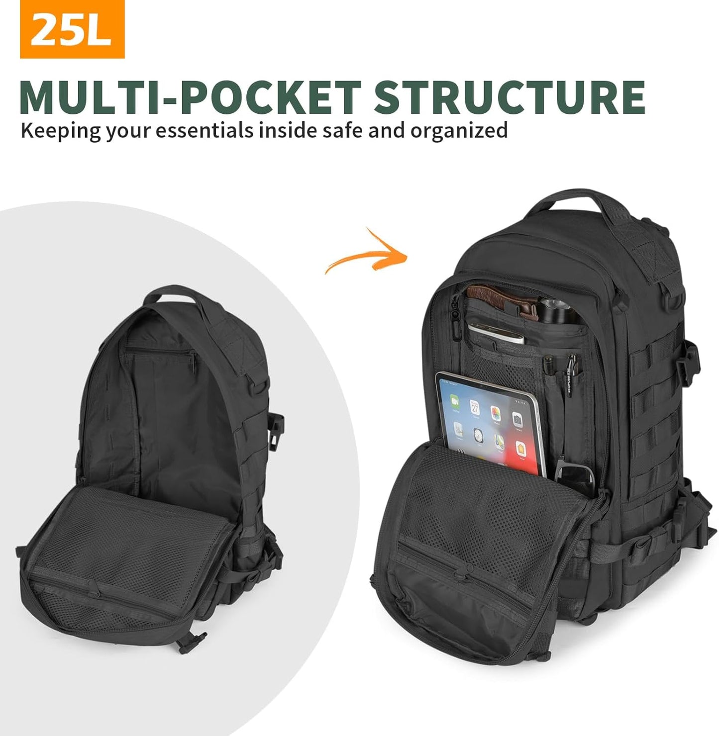 Military Tactical Backpack 25L MOLLE Hiking Daypack Trekking Rucksack Bug Out Bag for Daily Outdoor Sports(Black-25L)