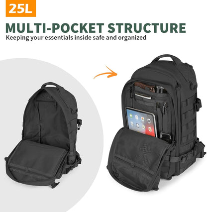Military Tactical Backpack 25L MOLLE Hiking Daypack Trekking Rucksack Bug Out Bag for Daily Outdoor Sports(Black-25L)