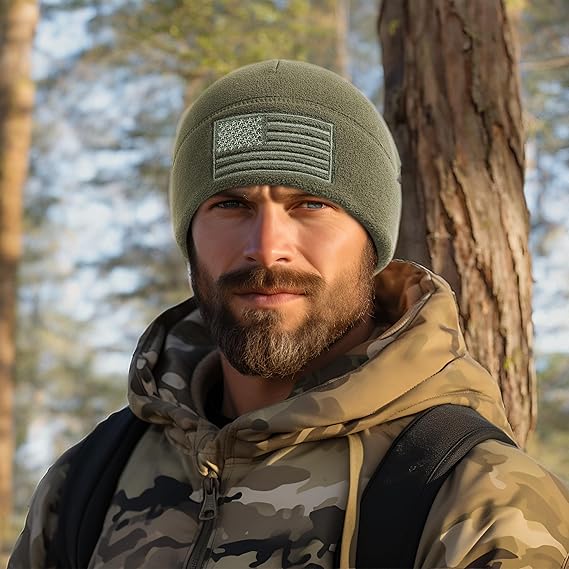 American Flag Fleece Watch Cap, USA Multi-Season Army Military Tactical Beanie, Winter Warm Beanie