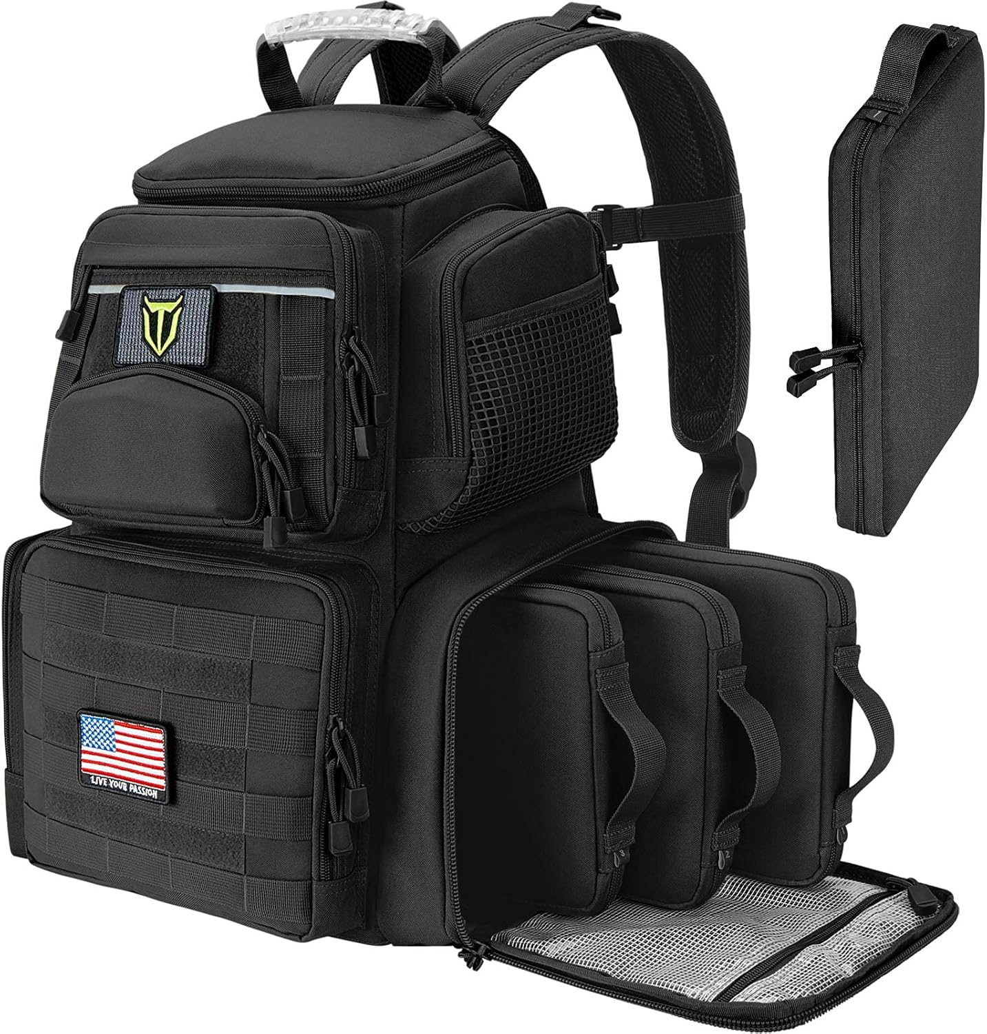 Tactical Range Backpack with Removable Divider, Handgun Backpack with 4 Pistol Case, Range Bag with Hard Glasses Case
