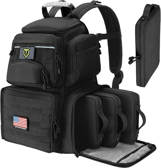Tactical Range Backpack with Removable Divider, Handgun Backpack with 4 Pistol Case, Range Bag with Hard Glasses Case