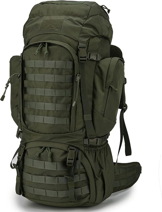 Mochila militar de 60 l con marco interno para senderismo, camping y caza. Incluye funda impermeable. 