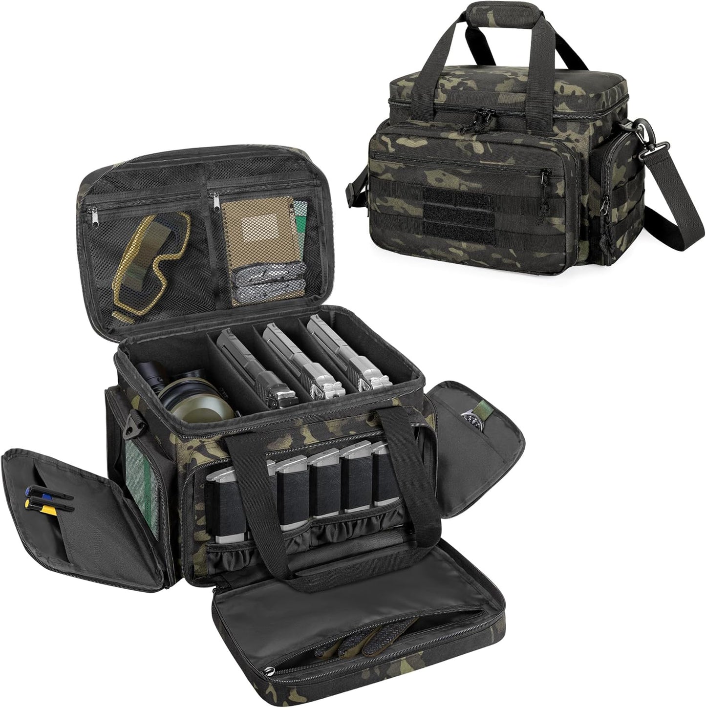 Bolsa táctica para 4 pistolas, bolsa para tiro con pistola, con 6 ranuras para cargadores y bolsillos adicionales para munición y artículos esenciales. 