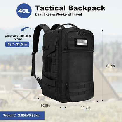 40L Tactical Backpack for Men 3 in 1 Gym Bag Tactical with MOLLE System Waterproof 600D Black Backpack for Travel,Outdoor Sports,Camping,and Weekend Trips
