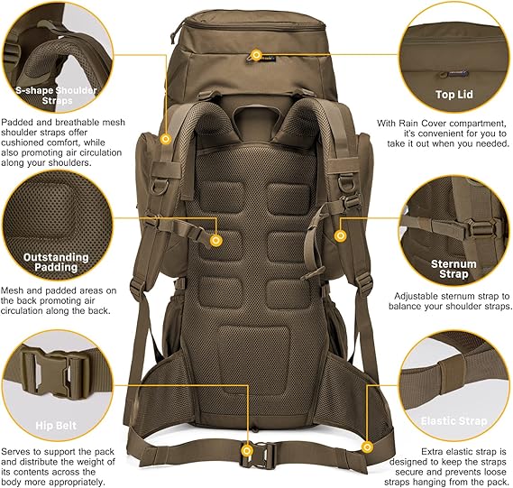 60L Military Internal Frame Backpack for Hiking,Camping,Hunting,Rucksack Backpack with Rain Cover