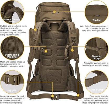60L Military Internal Frame Backpack for Hiking,Camping,Hunting,Rucksack Backpack with Rain Cover