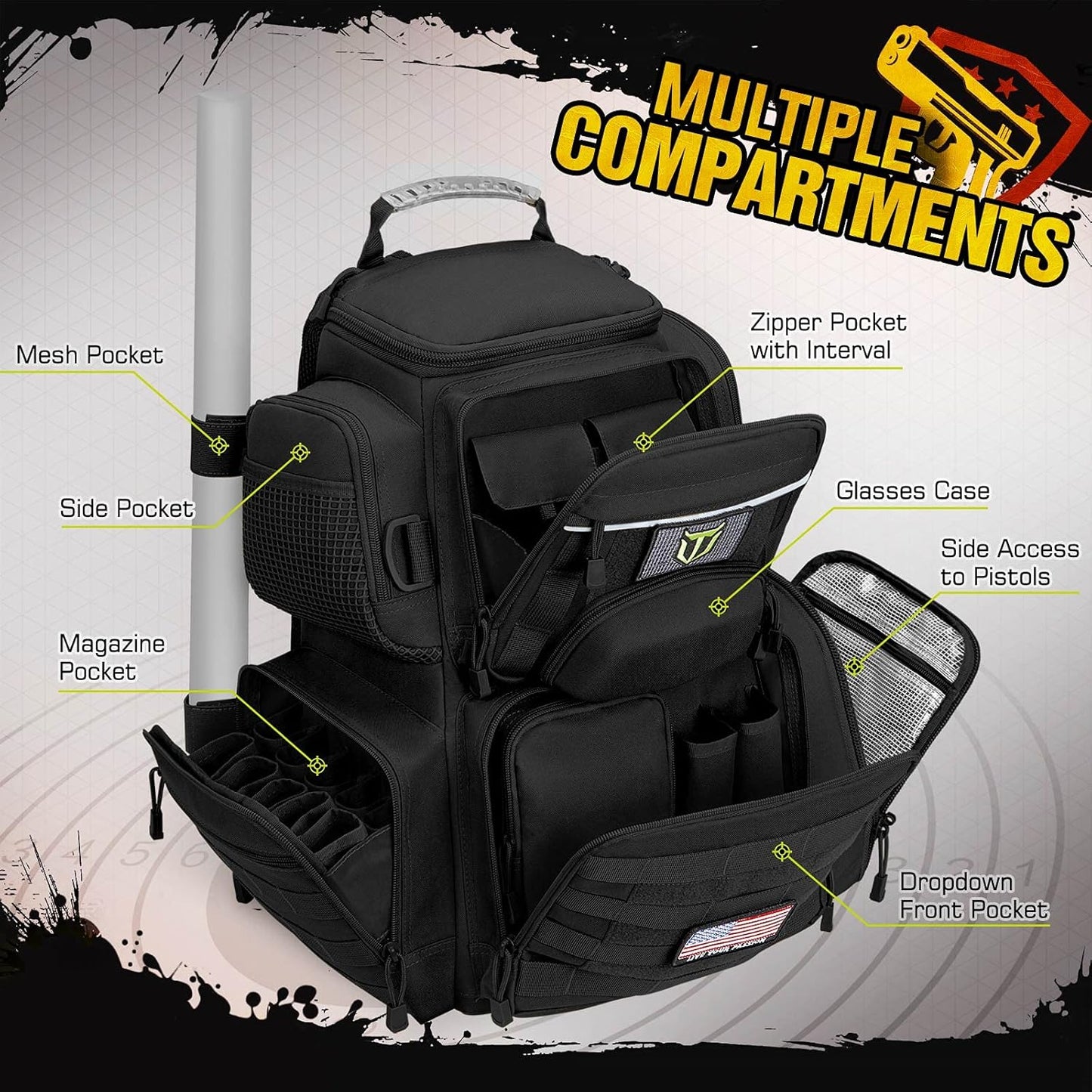 Tactical Range Backpack with Removable Divider, Handgun Backpack with 4 Pistol Case, Range Bag with Hard Glasses Case