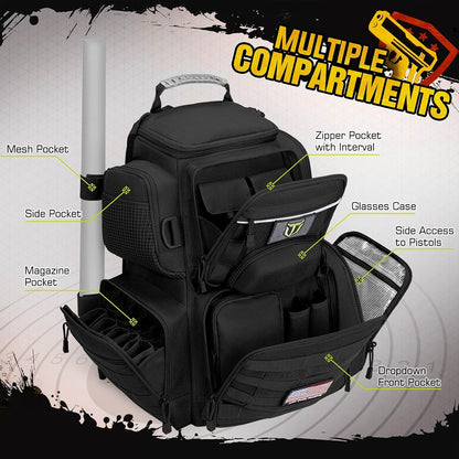 Tactical Range Backpack with Removable Divider, Handgun Backpack with 4 Pistol Case, Range Bag with Hard Glasses Case
