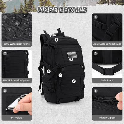 35L Military Tactical Backpack for Men, Water Resistant Assault Pack for Women, Black Molle Daypack 3 Day Bug Out Bag Rucksack for Trekking,Camping, Survival, EDC