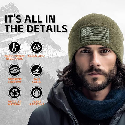 American Flag Fleece Watch Cap, USA Multi-Season Army Military Tactical Beanie, Winter Warm Beanie