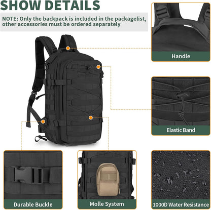 Military Tactical Backpack 25L MOLLE Hiking Daypack Trekking Rucksack Bug Out Bag for Daily Outdoor Sports(Black-25L)