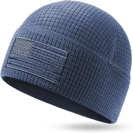 Grid Fleece Beanie with American Flag Embroidery Waffle Tactical Army Military Skull Cap